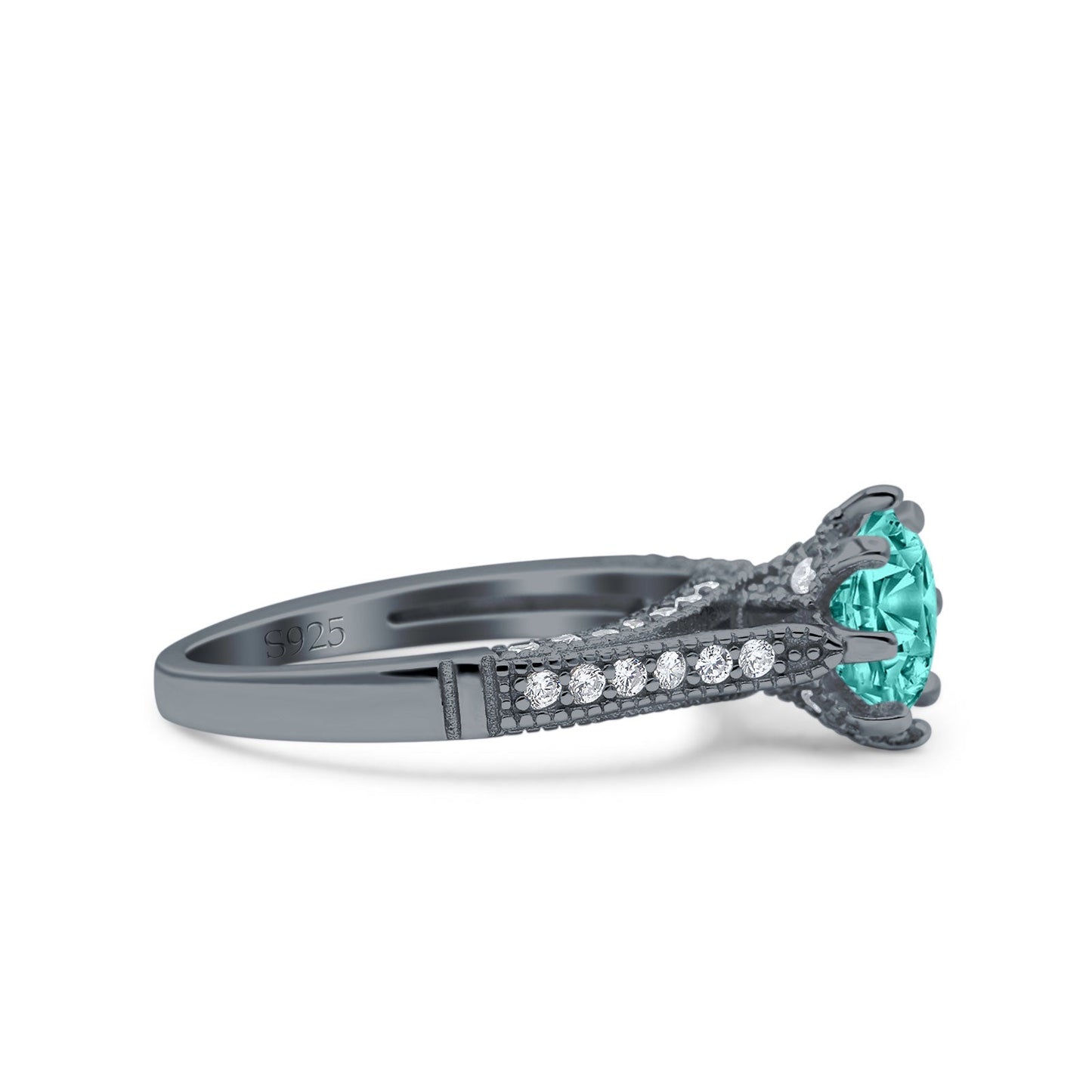 Art Deco Wedding Engagement Bridal Ring Black Tone, Simulated Paraiba Tourmaline Cubic Zirconia