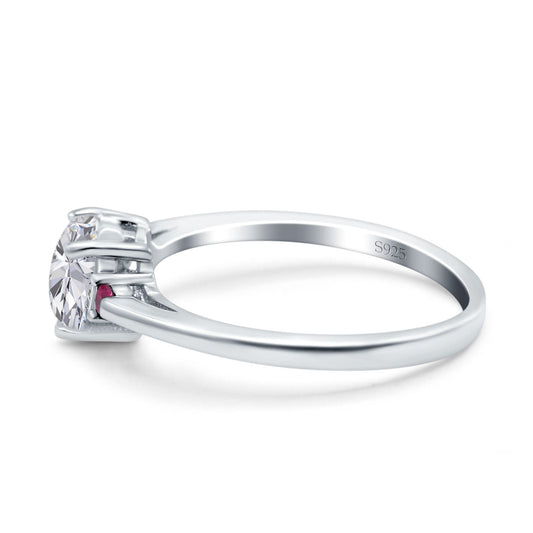 Art Deco Heart Three Stone Wedding Bridal Ring Round Ruby Simulated Cubic Zirconia