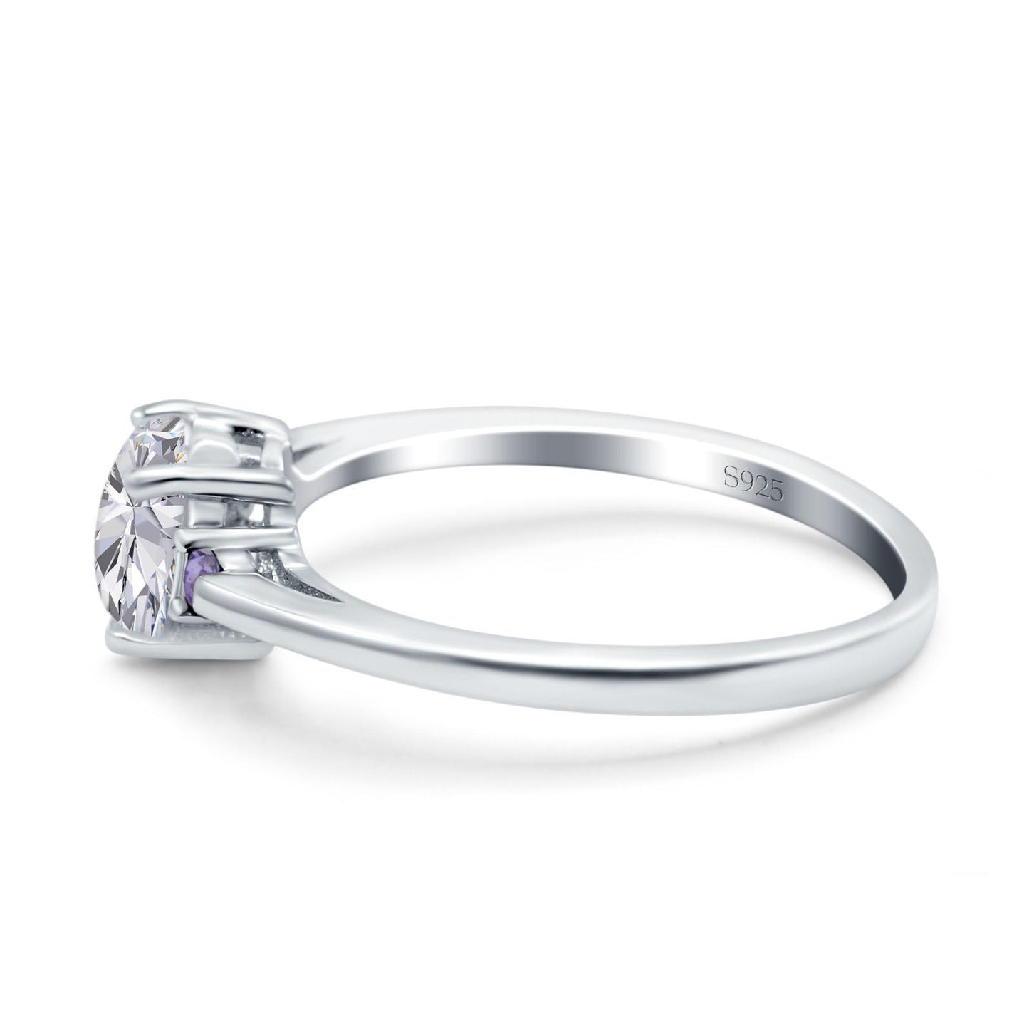 Art Deco Heart Three Stone Wedding Bridal Ring Round Amethyst Simulated Cubic Zirconia