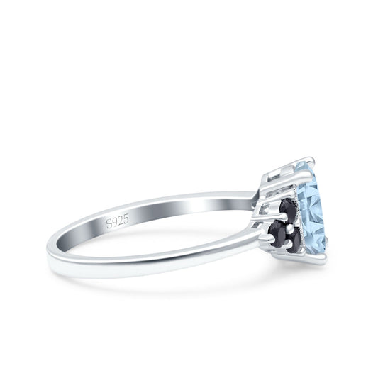 Art Deco Oval Wedding Bridal Ring Black Round Simulated Aquamarine CZ