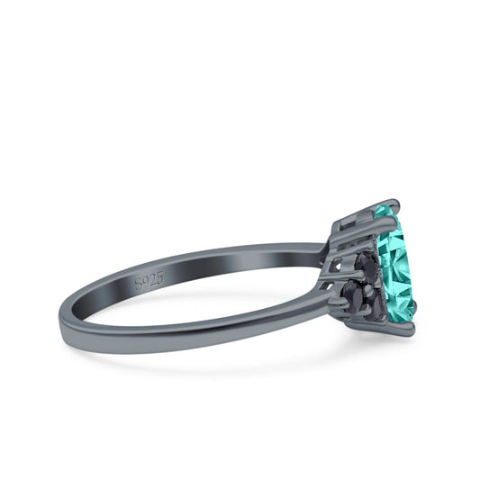 Art Deco Oval Wedding Bridal Ring Black Round Black Tone, Simulated Paraiba Tourmaline CZ