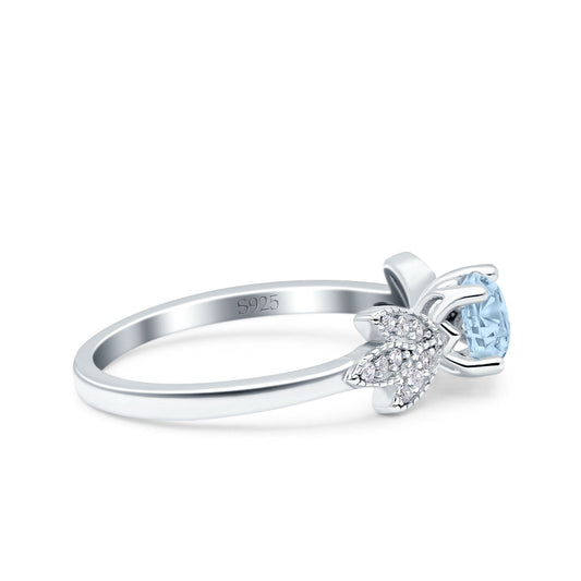 Art Deco Wedding Bridal Ring Leaf Dainty Round Simulated Aquamarine CZ