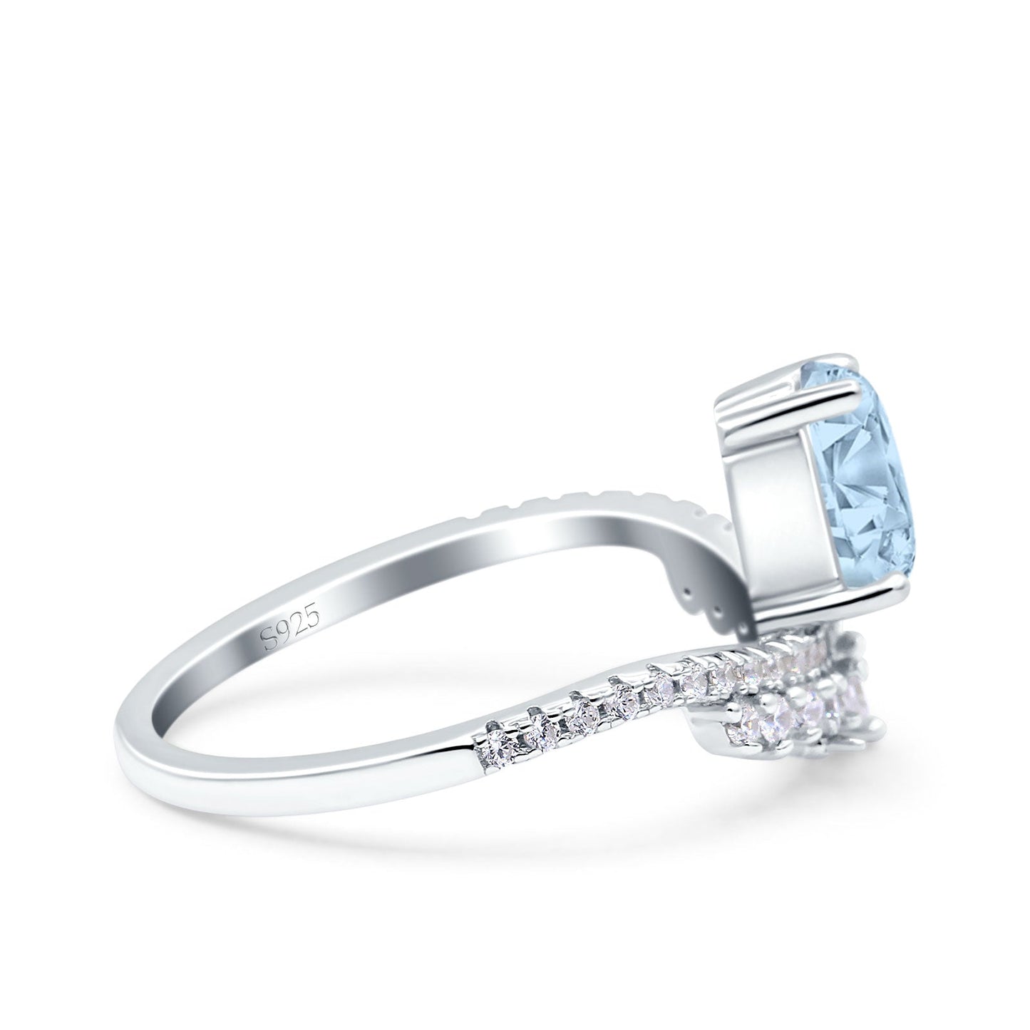 Art Deco Solitaire Accent Pear Wedding Bridal Ring Band Simulated Aquamarine CZ