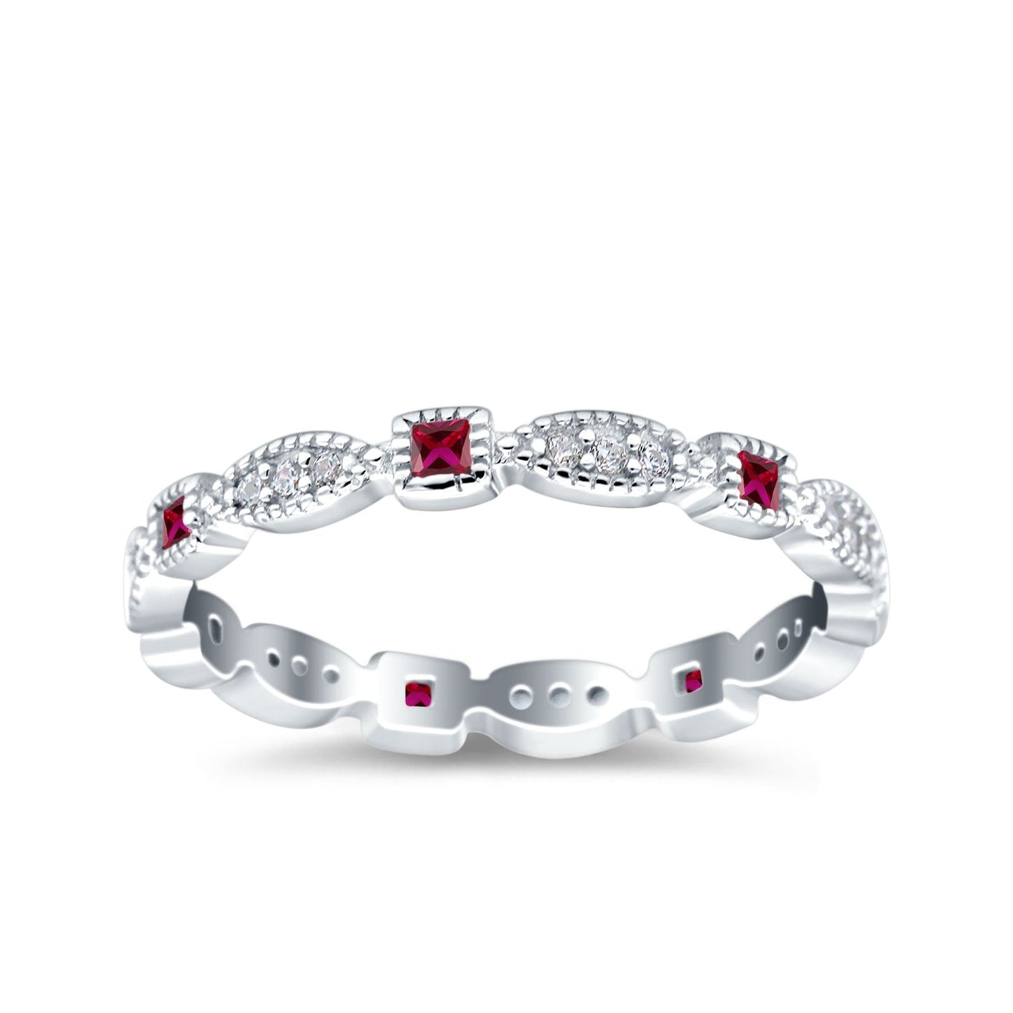 Full Eternity Stackable Ring Wedding Band Round Simulated Ruby CZ