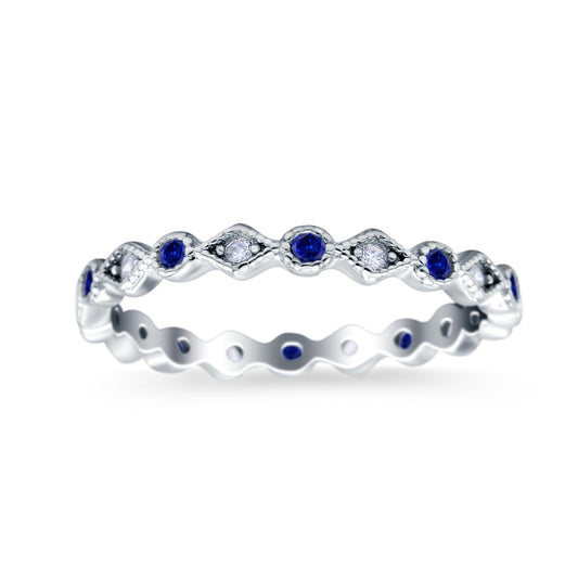 Full Eternity Stackable Ring Wedding Band Round Simulated Blue Sapphire CZ