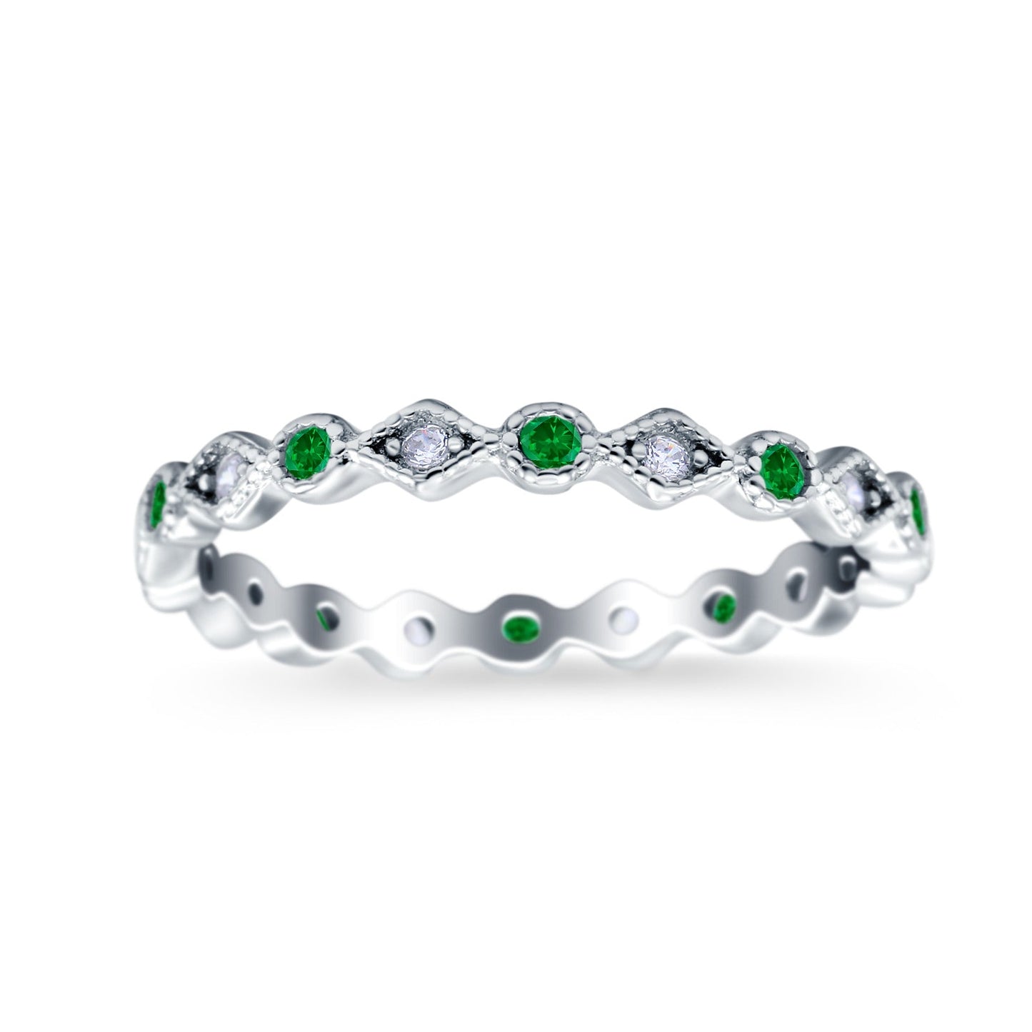 Full Eternity Stackable Ring Wedding Band Round Simulated Green Emerald CZ