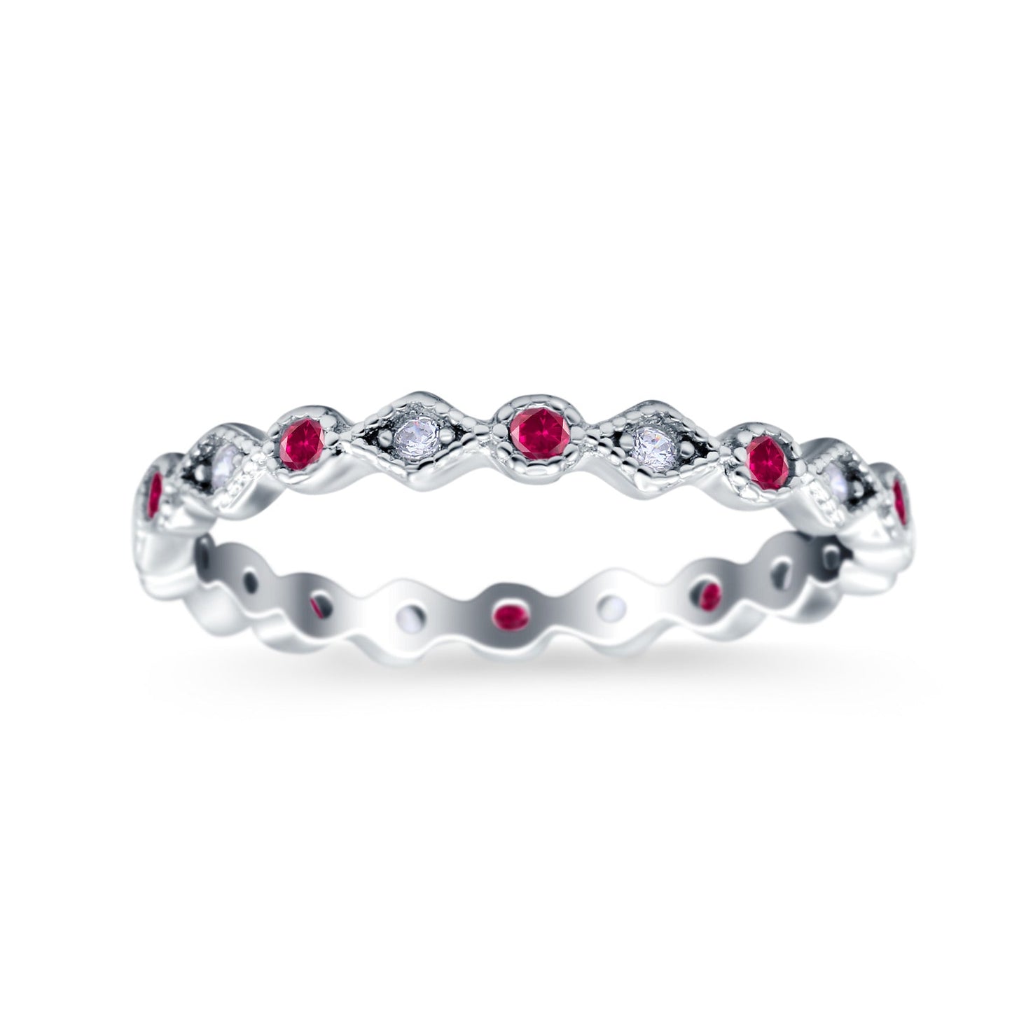 Full Eternity Stackable Ring Wedding Band Round Simulated Ruby CZ