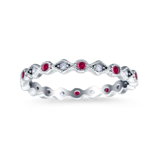 Full Eternity Stackable Ring Wedding Band Round Simulated Ruby CZ