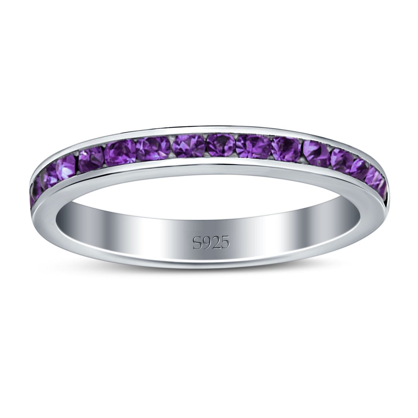 Full Eternity Stackable Channel setting Wedding Engagement Band Round Simulated Amethyst CZ