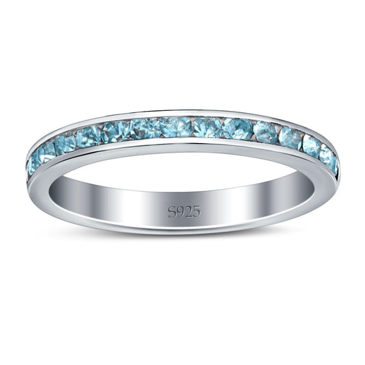 Full Eternity Stackable Wedding Engagement Band Round Simulated Aquamarine CZ