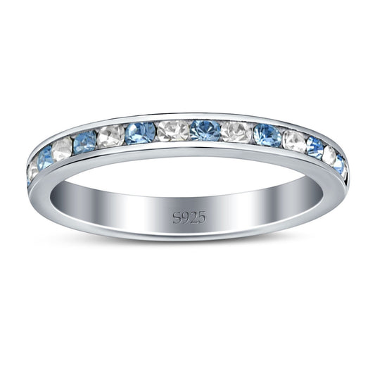 Full Eternity Stackable Round Aquamarine CZ Wedding Engagement Band