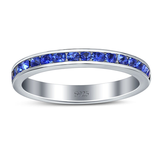 Full Eternity Stackable Simulated Blue Sapphire CZ Wedding Ring