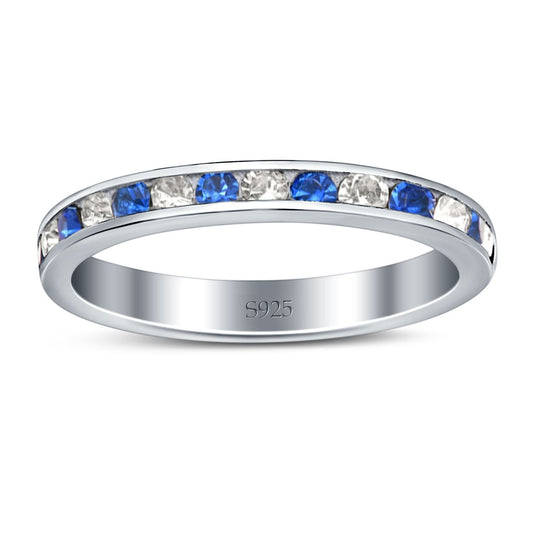 Full Eternity Stackable Round Simulated Blue Sapphire and Clear CZ Wedding Band