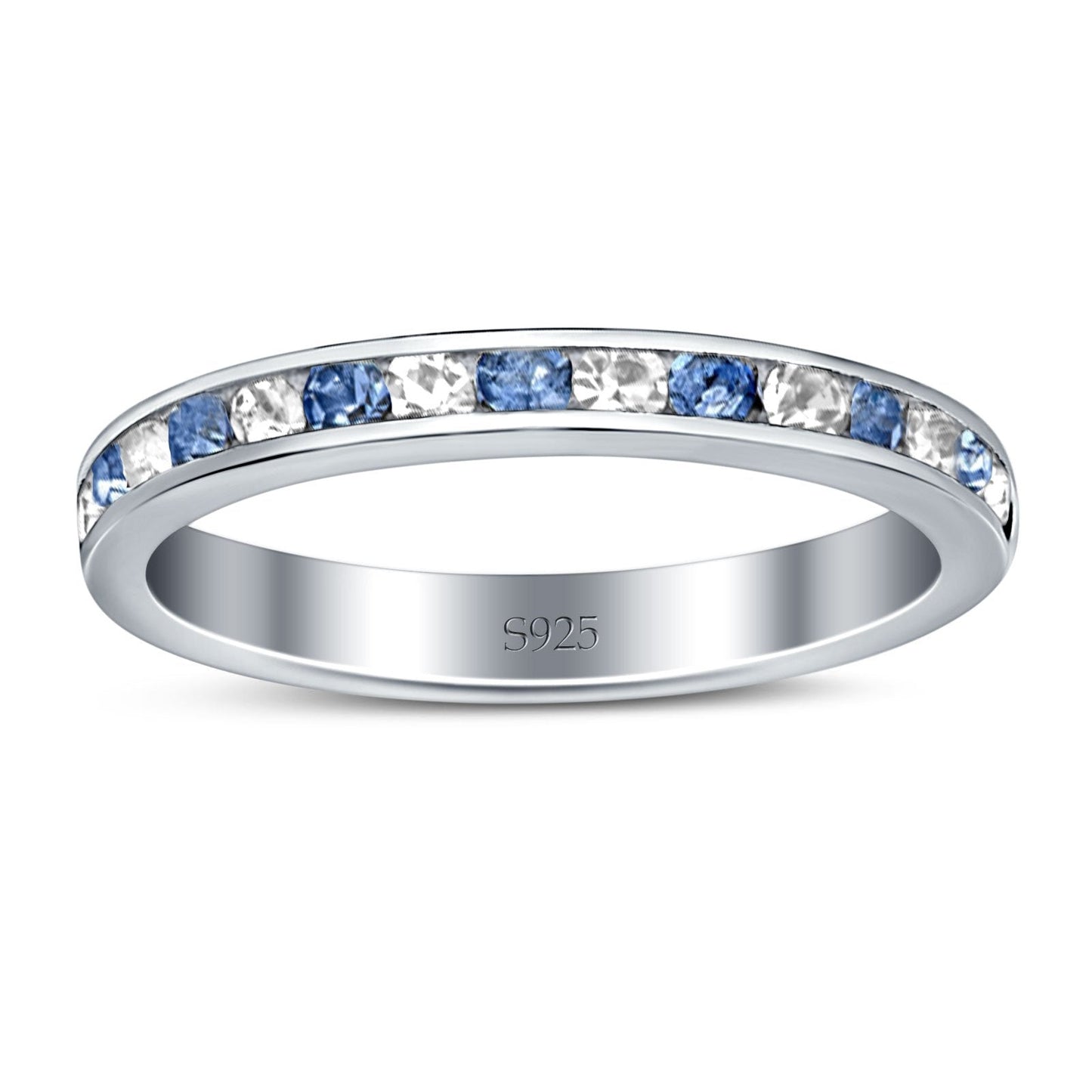 Full Eternity Stackable Band Wedding Ring Simulated Blue Topaz & CZ