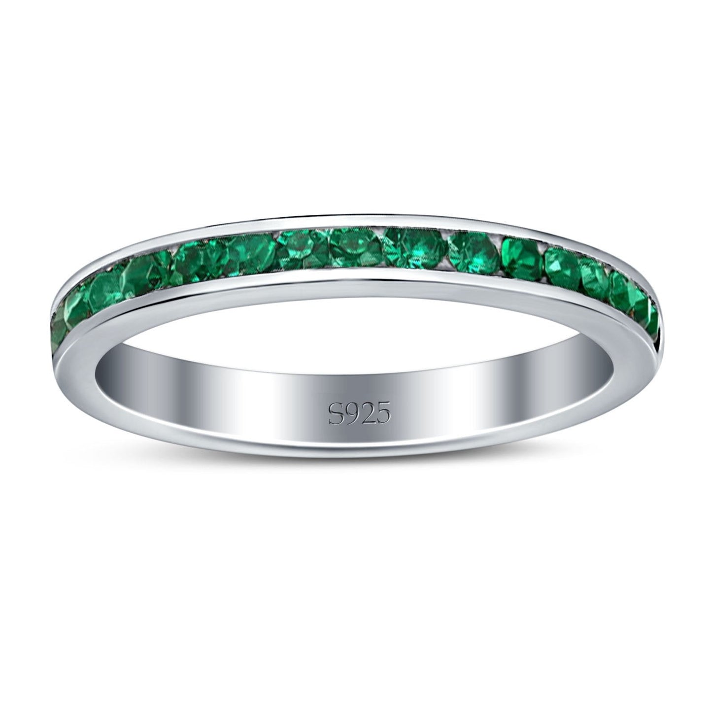 Full Eternity Stackable Channel setting Wedding Engagement Band Round Simulated Green Emerald CZ