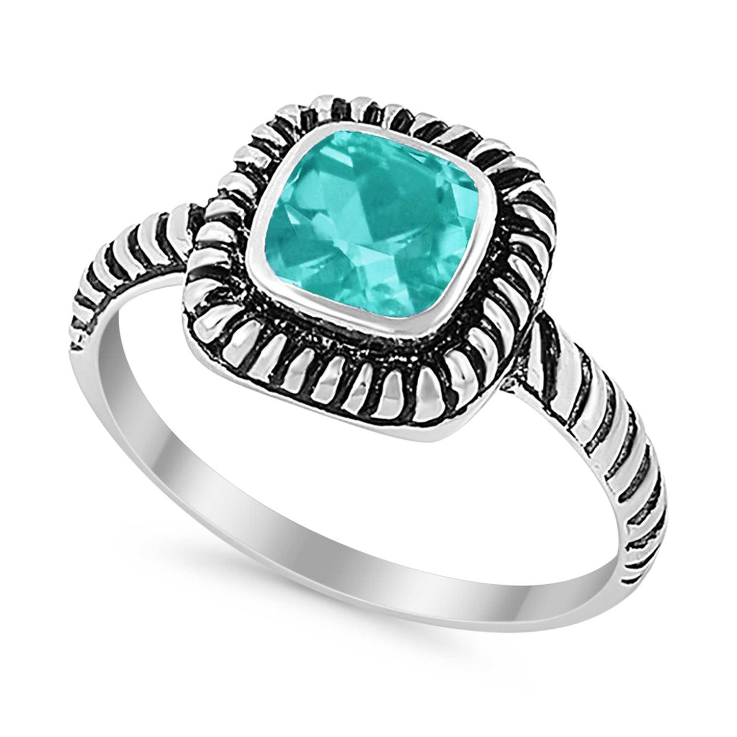 Wedding Ring Square Simulated Paraiba Tourmaline CZ  Oxidized Design Ring