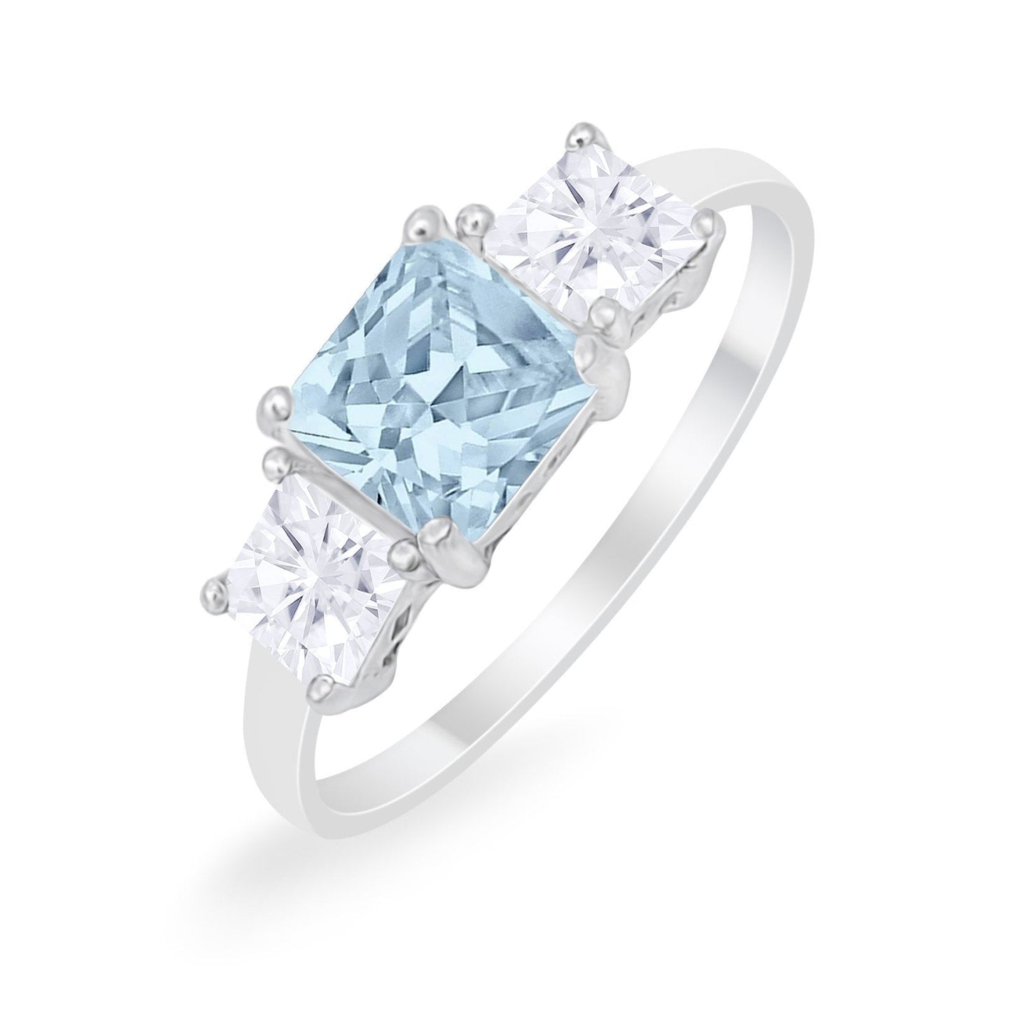 3 Stone Wedding Ring Princess Cut Simulated Aquamarine CZ