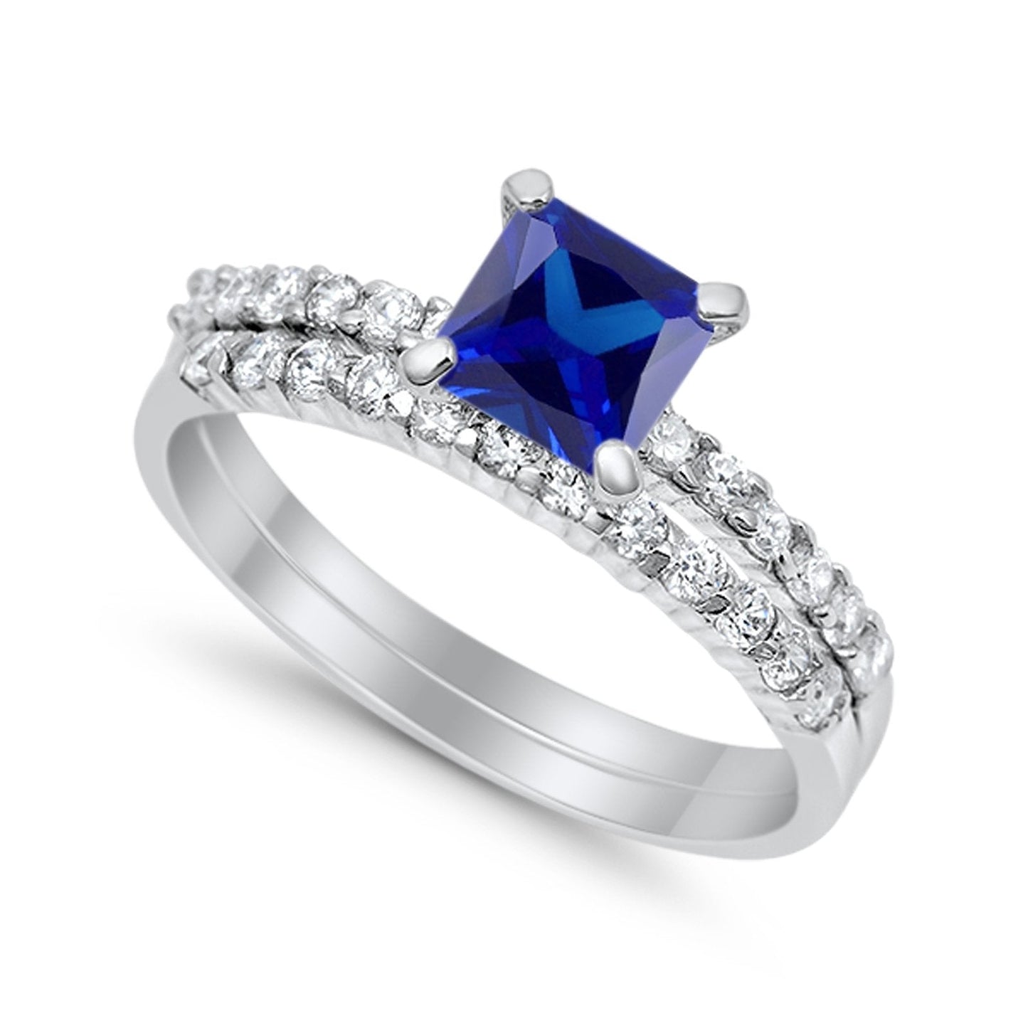 Wedding Ring Bridal Princess Cut Simulated Blue Sapphire CZ