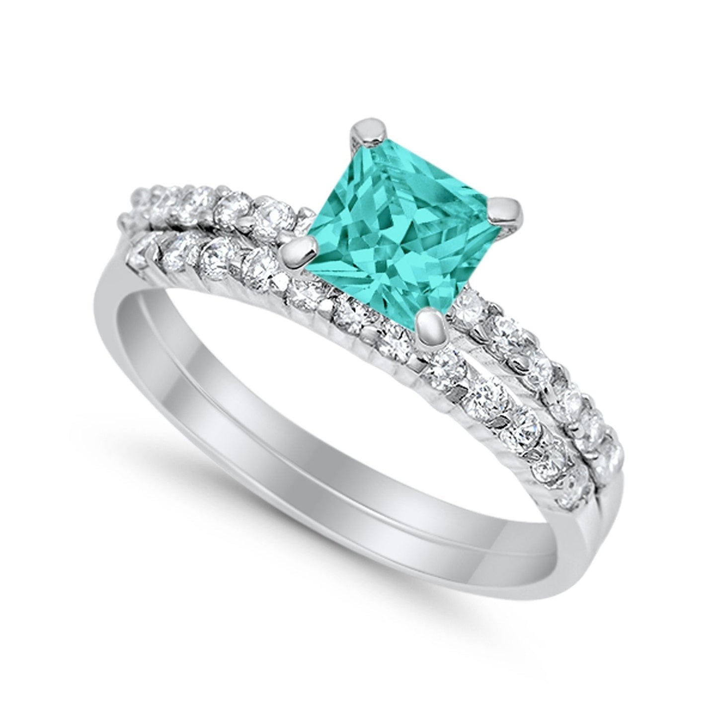 Wedding Ring Bridal Princess Cut Simulated Paraiba Tourmaline CZ