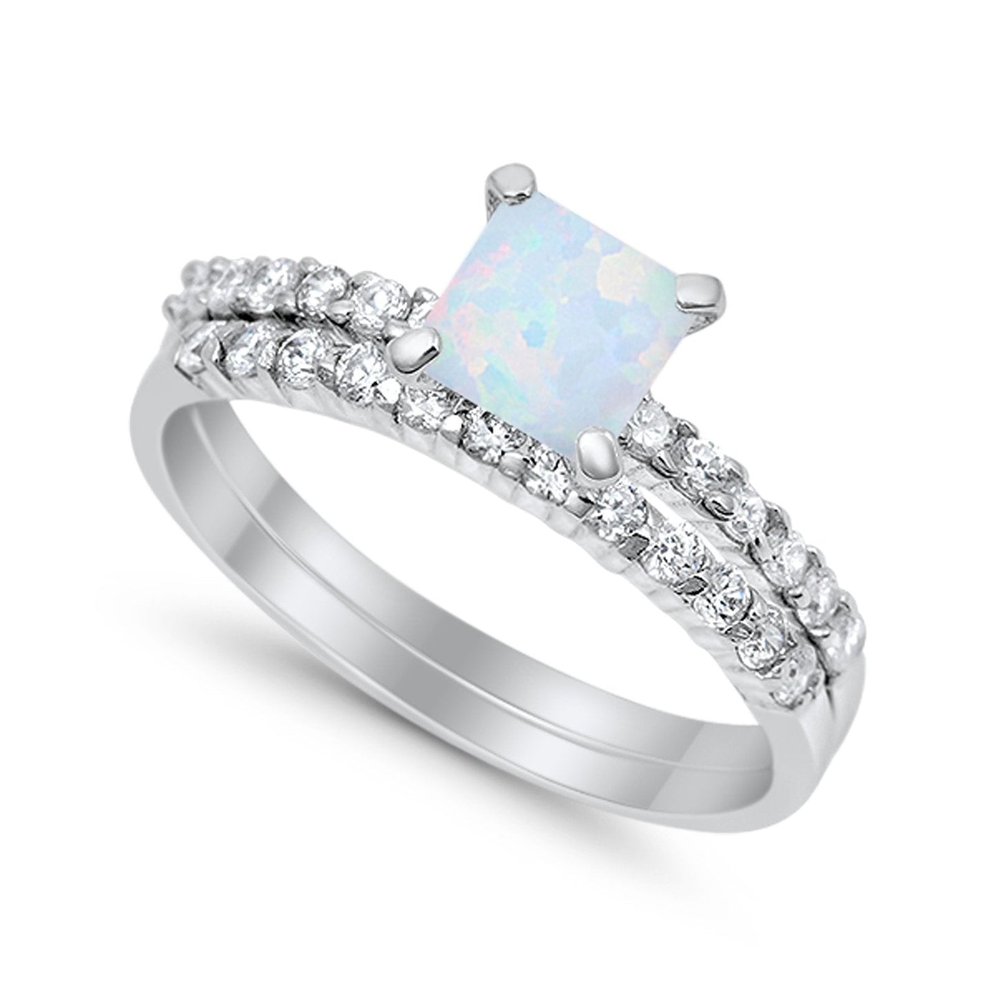 Wedding Ring Bridal Princess Cut Lab Created White Opal