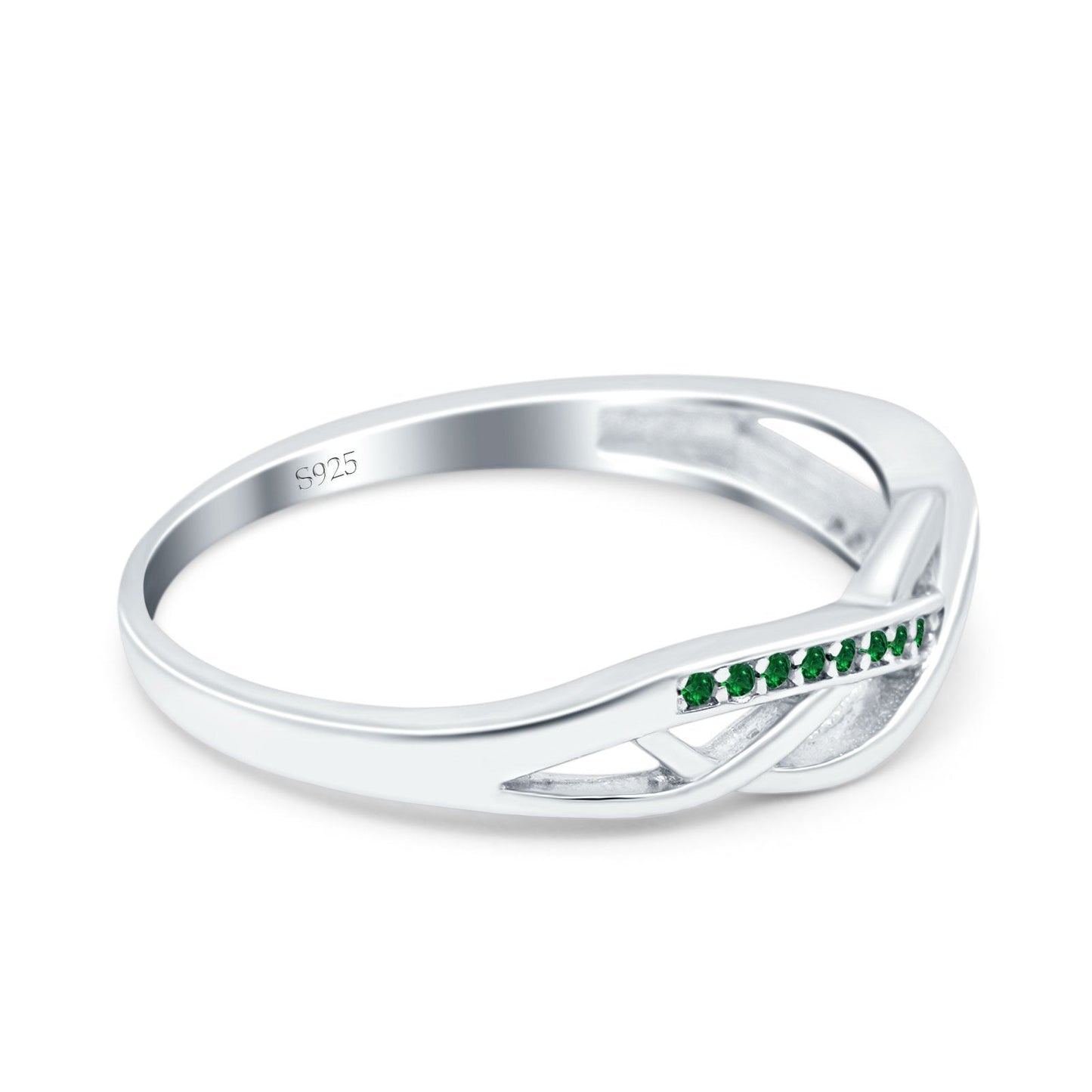 Infinity Twisted Half Eternity Ring Round Green Emerald CZ