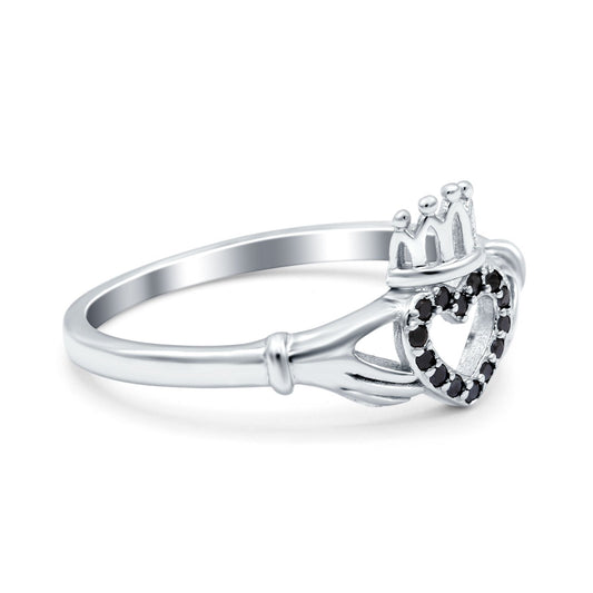 Heart Claddagh Art Deco Simulated Black CZ Wedding Ring