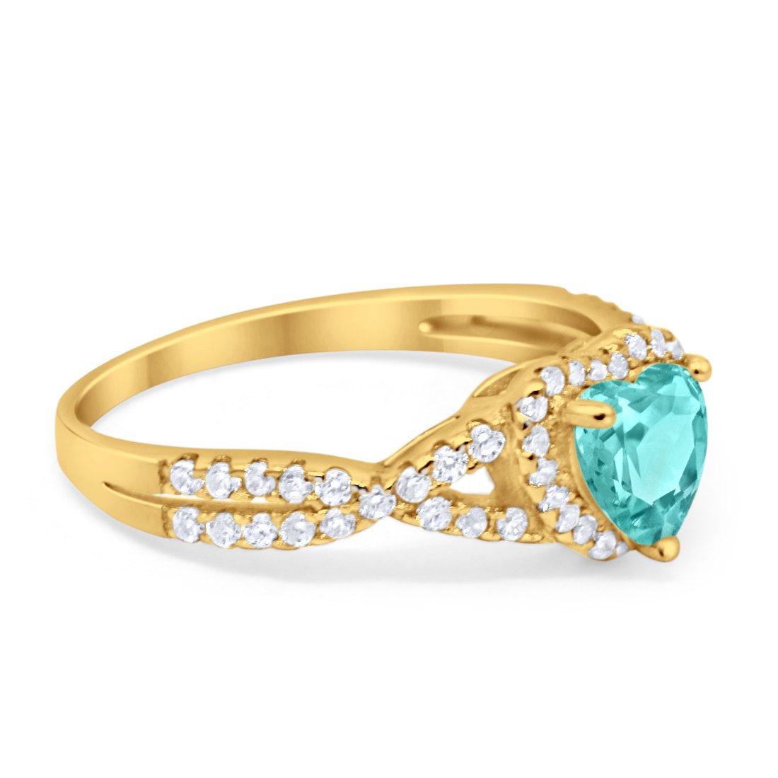 Heart Infinity Shank Yellow Tone, Simulated Paraiba Tourmaline CZ Promise Ring