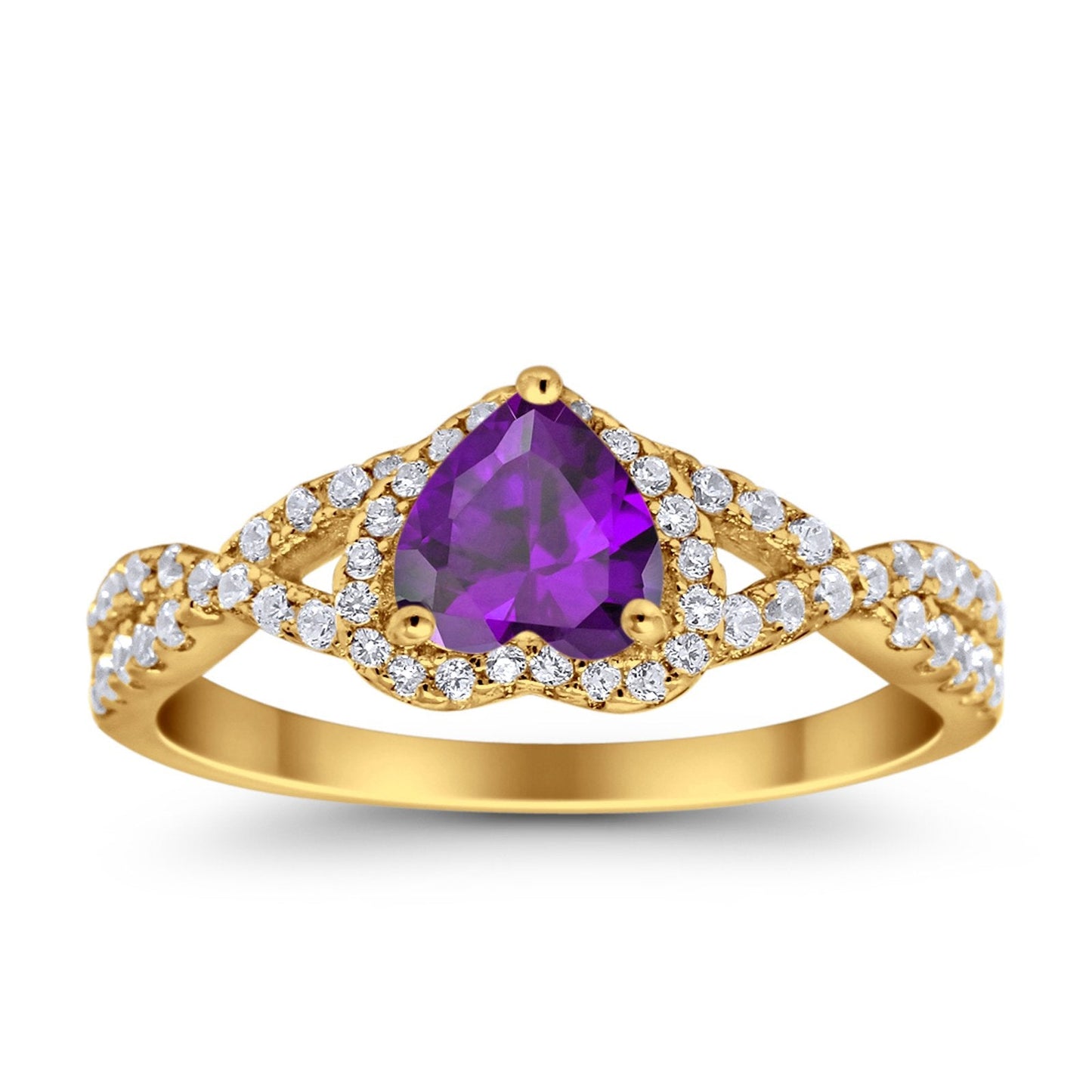 Heart Infinity Shank Yellow Tone, Simulated Amethyst CZ Promise Ring