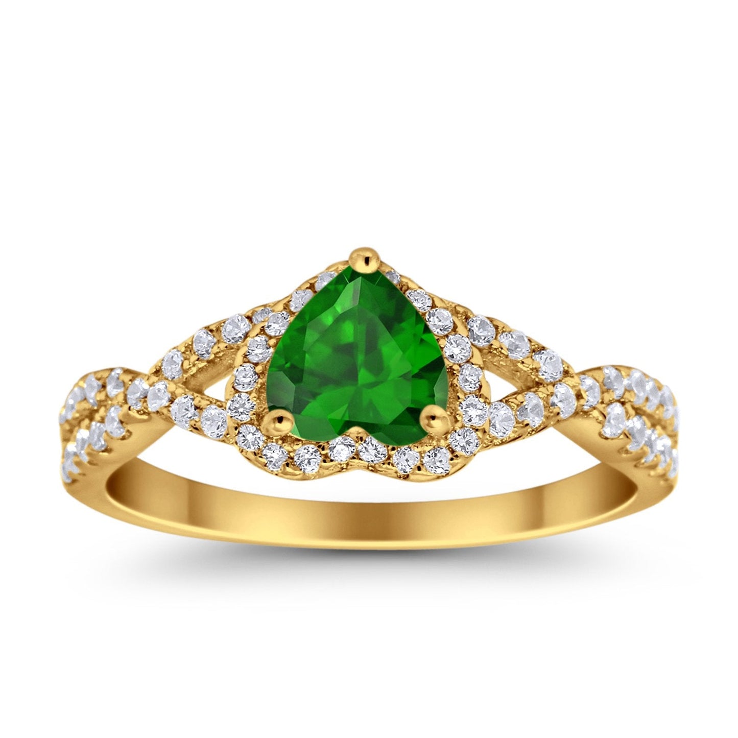 Heart Infinity Shank Yellow Tone, Simulated Green Emerald CZ Promise Ring