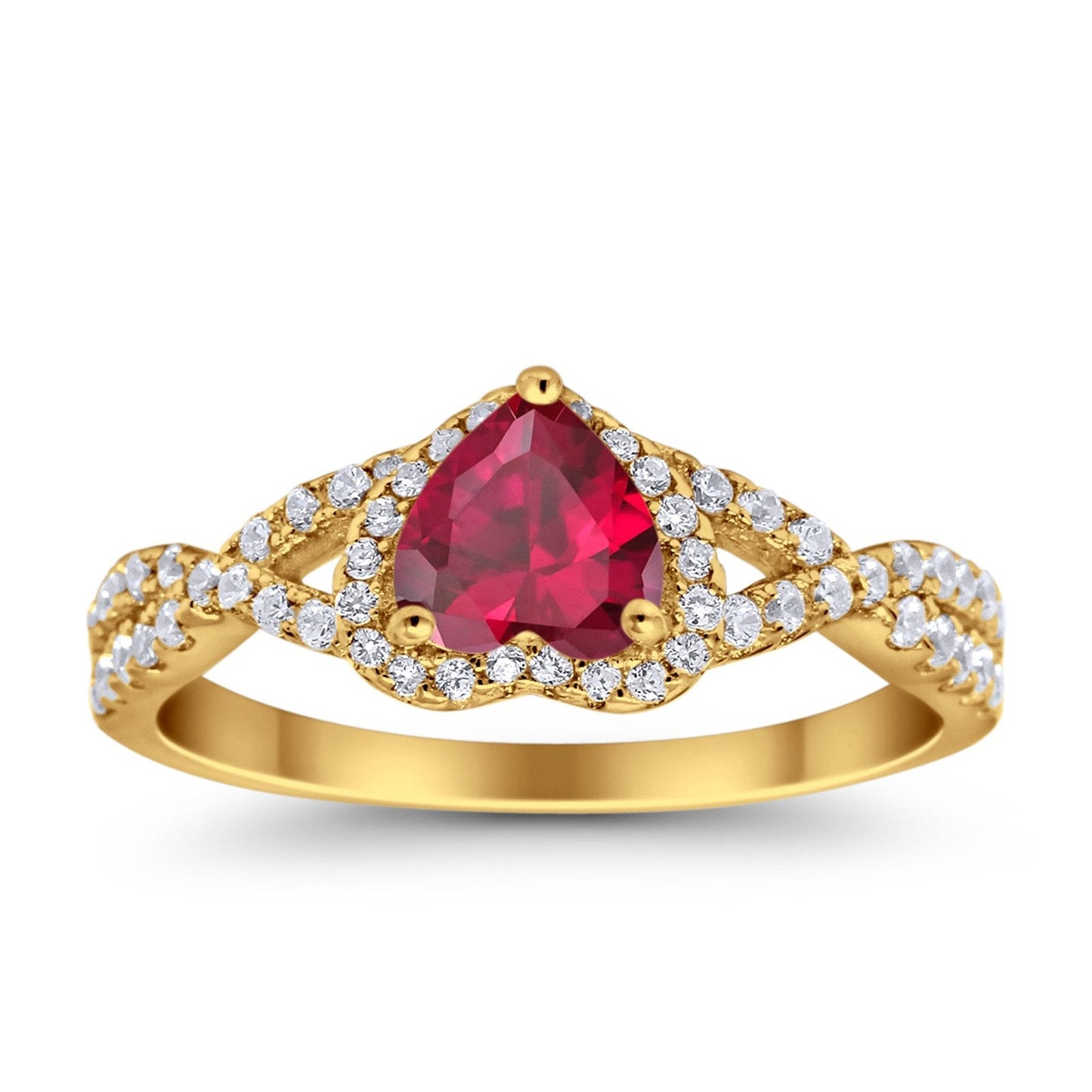 Heart Infinity Shank Yellow Tone, Simulated Ruby CZ Promise Ring