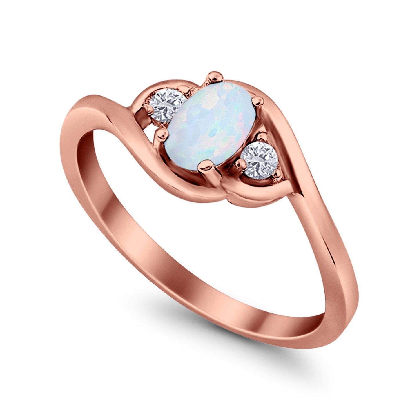 Oval Rose Tone, Lab Created White Opal Wedding Ring