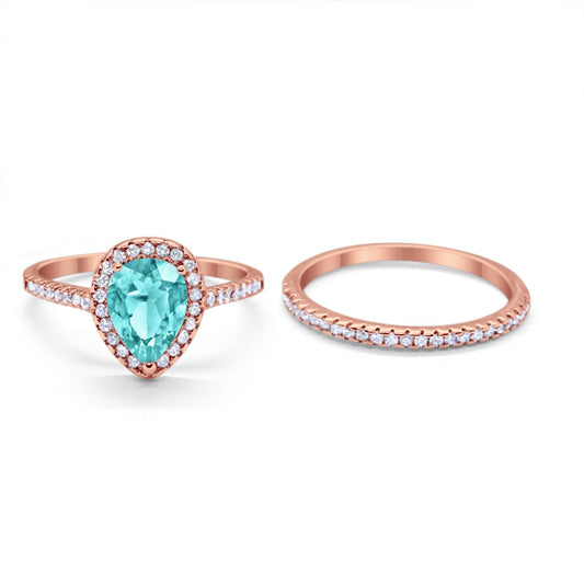 Teardrop Bridal Engagement Ring Rose Tone, Simulated Paraiba Tourmaline CZ