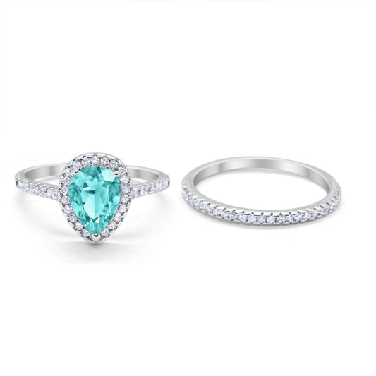 Teardrop Bridal Wedding Piece Ring Simulated Paraiba Tourmaline CZ