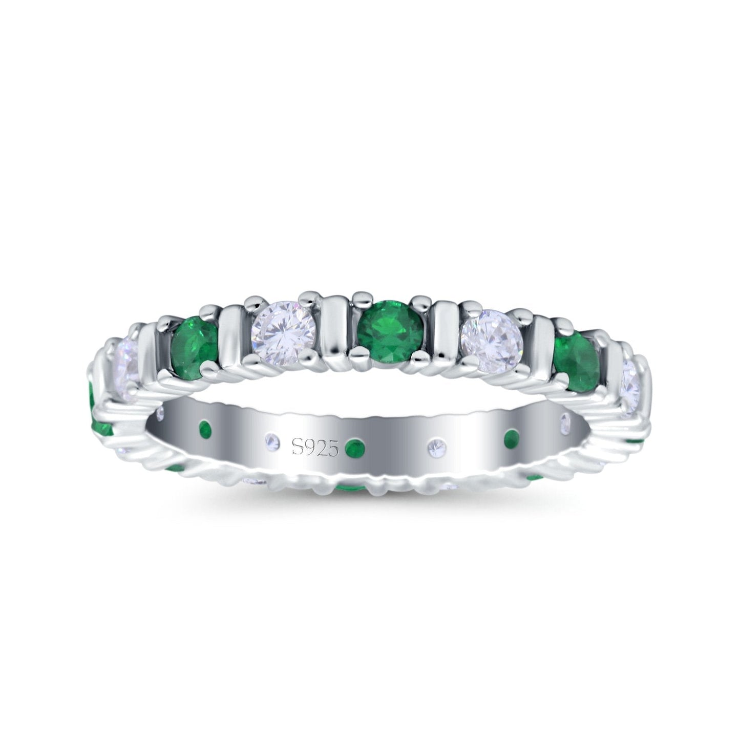 Full Eternity Stackable Ring Wedding Band Round Simulated Green Emerald CZ (3mm)