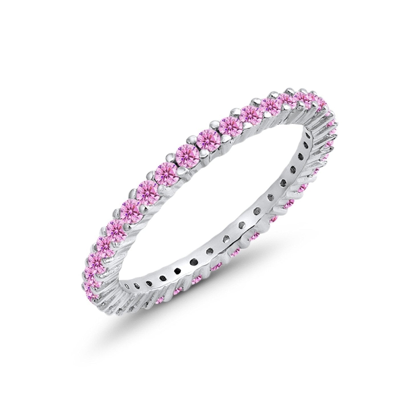 Full Eternity Wedding Band Round Simulated Pink CZ Ring 925 Sterling Silver