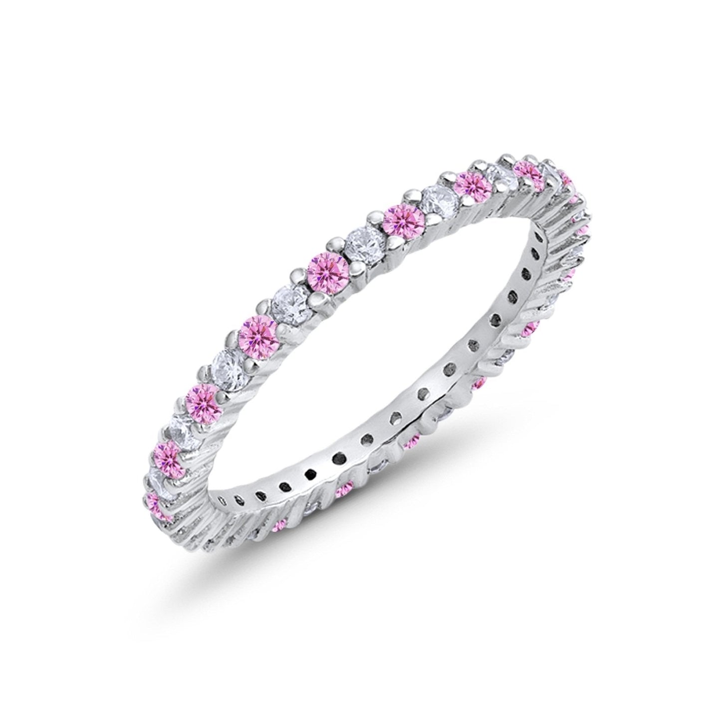 Full Eternity Wedding Band Round Simulated Pink Cubic Zirconia Ring