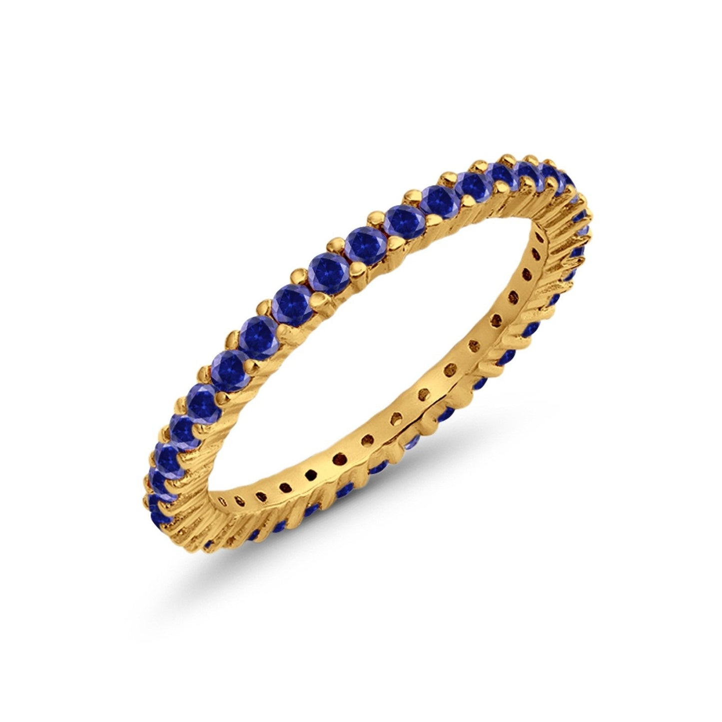 Full Eternity Wedding Band Round Yellow Tone, Simulated Blue Sapphire CZ Ring