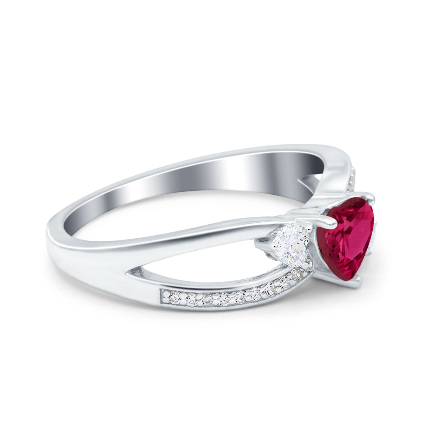 Heart Three Stone Art Deco Simulated Ruby CZ Engagement Promise Ring