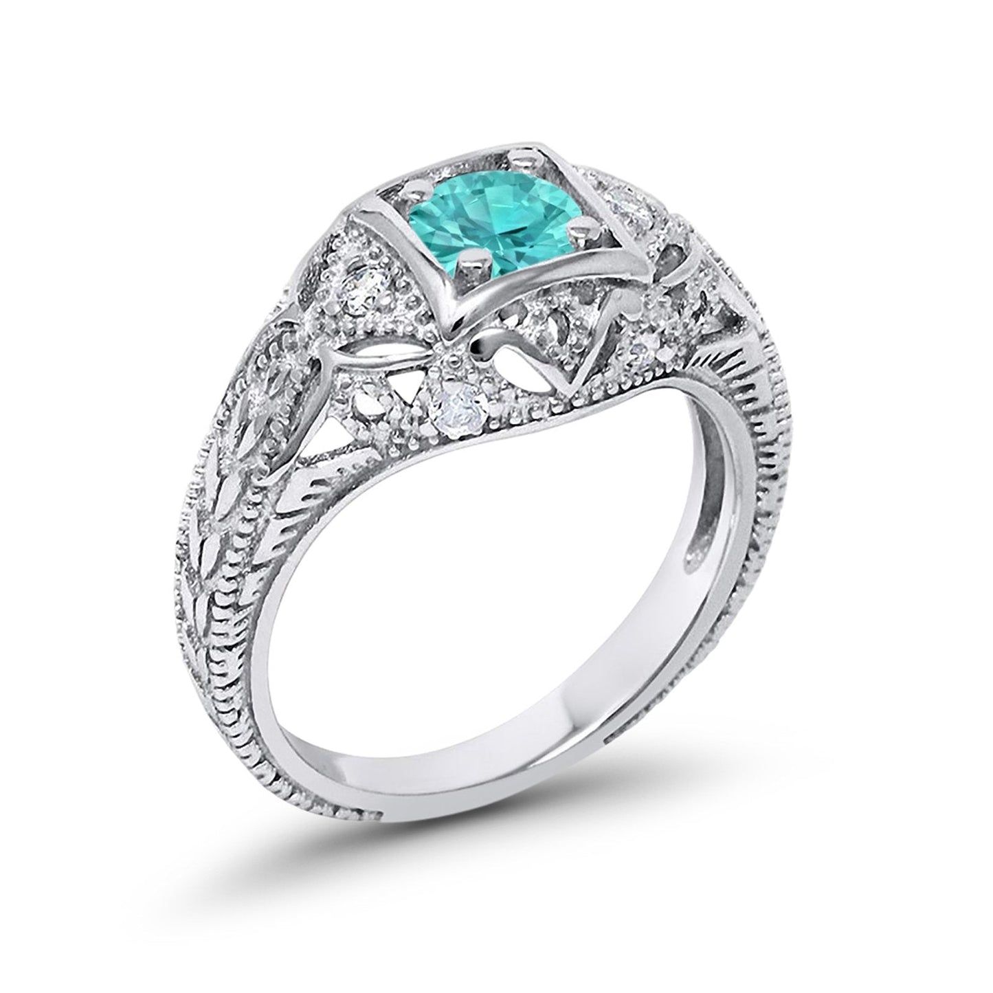 Antique Style Wedding Ring Round Simulated Paraiba Tourmaline CZ