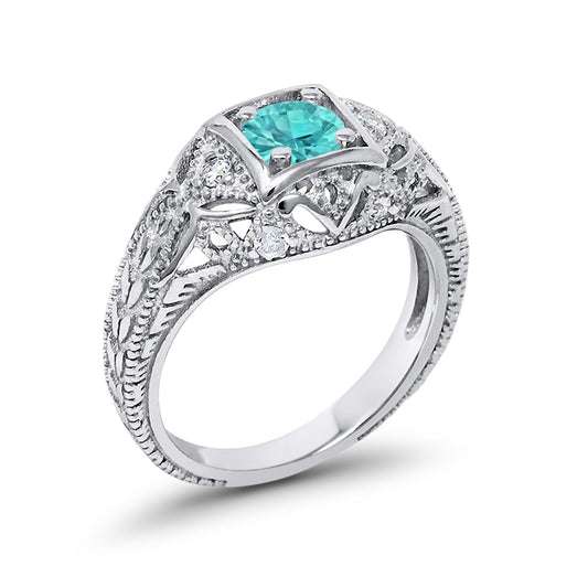 Antique Style Wedding Ring Round Simulated Paraiba Tourmaline CZ