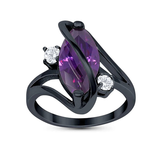 Swirl Fashion Ring Marquise Black Tone, Simulated Amethyst CZ