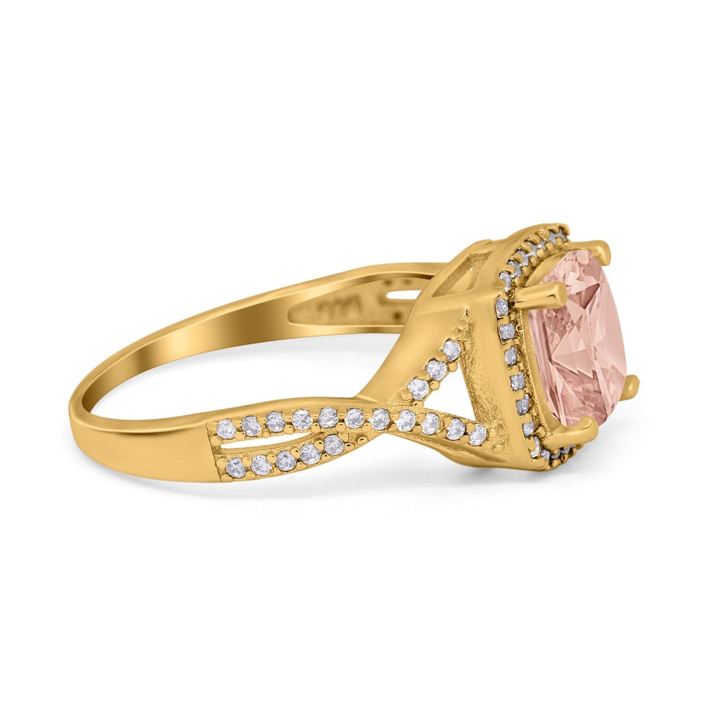 Halo Infinity Shank Engagement Ring Cushion Yellow Tone, Simulated Morganite CZ