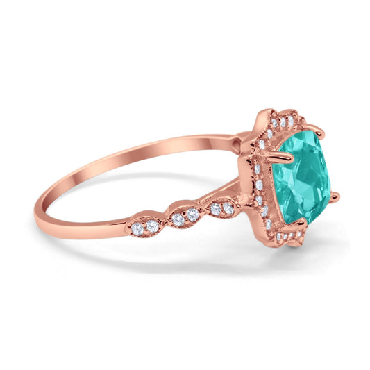 Halo Rose Tone, Simulated Paraiba Tourmaline CZ Wedding Ring