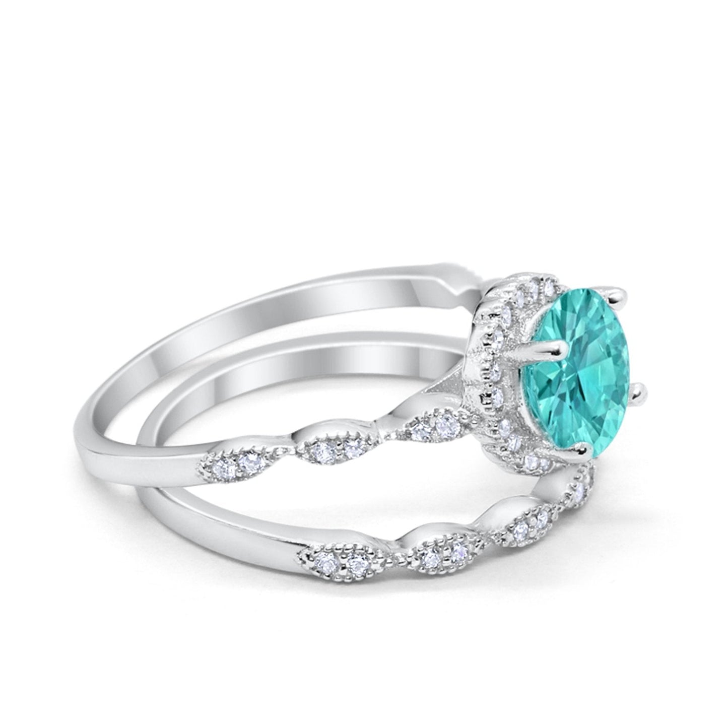 Two Piece Halo Round Simulated Paraiba Tourmaline CZ Wedding Ring