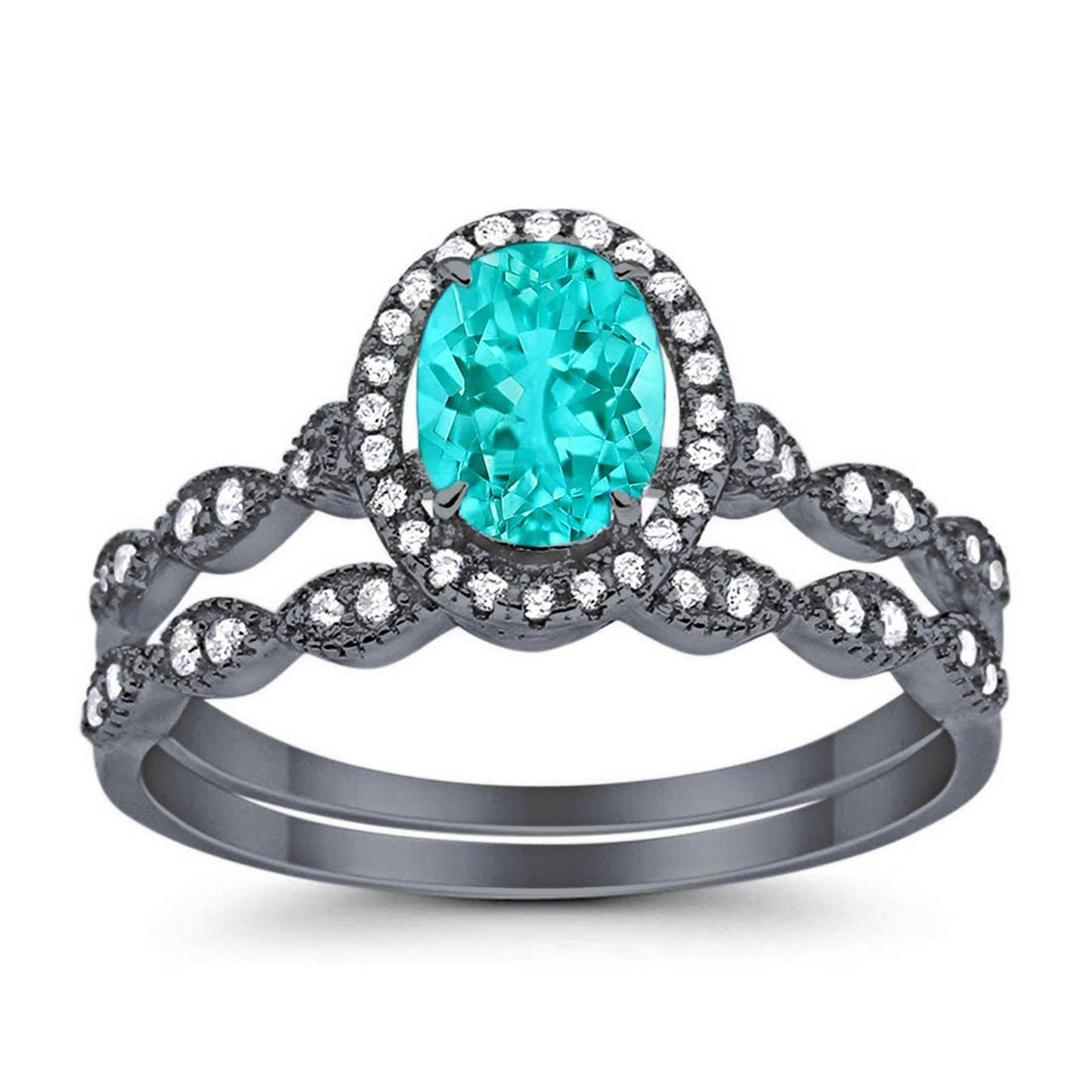 Halo Bridal Set Piece Oval Black Tone, Simulated Paraiba Tourmaline CZ Ring