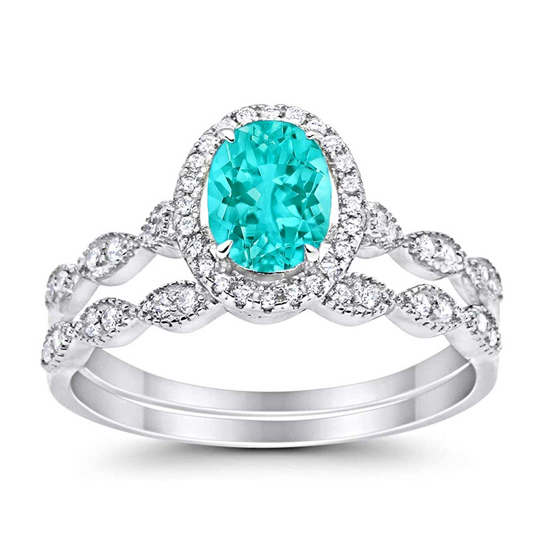 Halo Oval Art Deco Simulated Paraiba Tourmaline CZ Ring