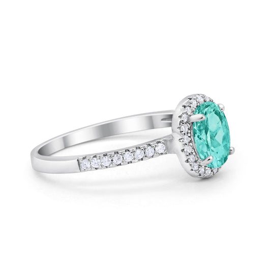 Halo Oval Engagement Ring Simulated Paraiba Tourmaline CZ