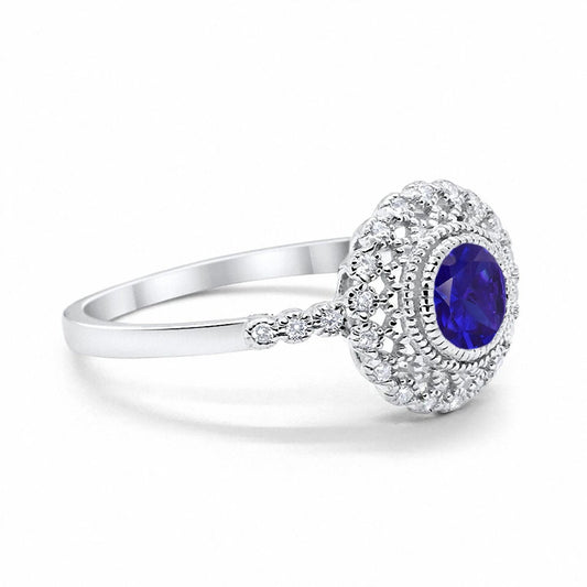 Halo Engagement Ring Bezel Round Simulated Blue Sapphire CZ