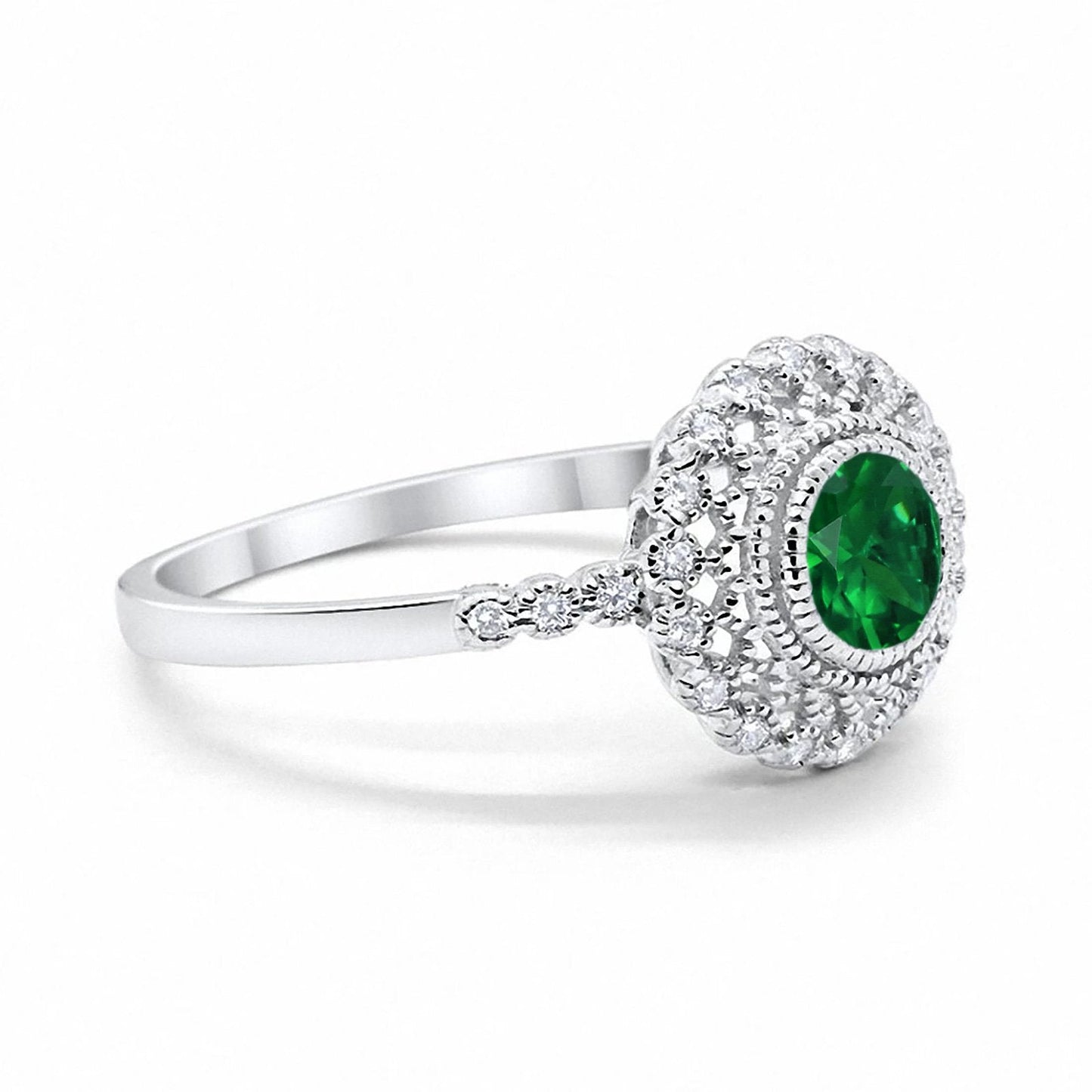 Halo Engagement Ring Bezel Round Simulated Green Emerald CZ