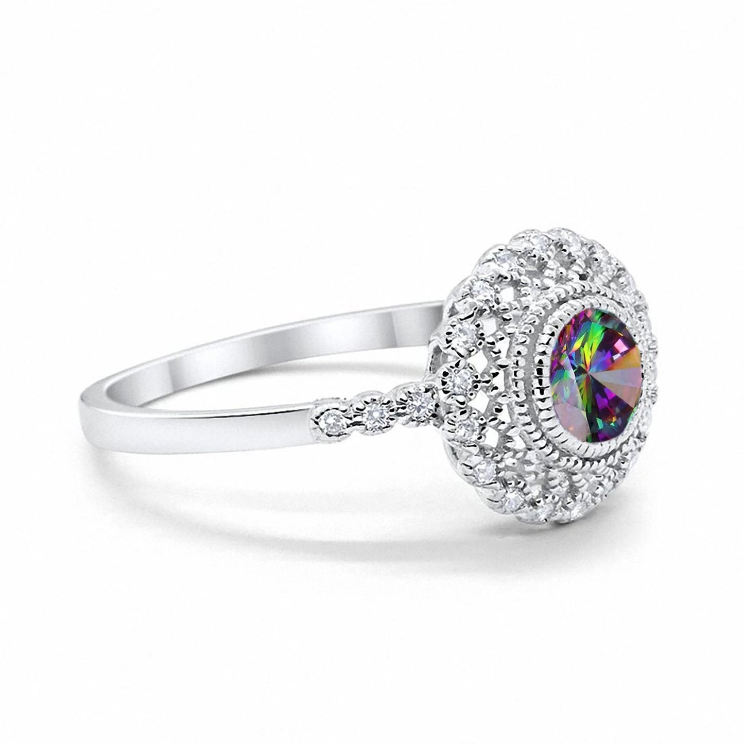 Halo Engagement Ring Bezel Round Simulated Rainbow CZ